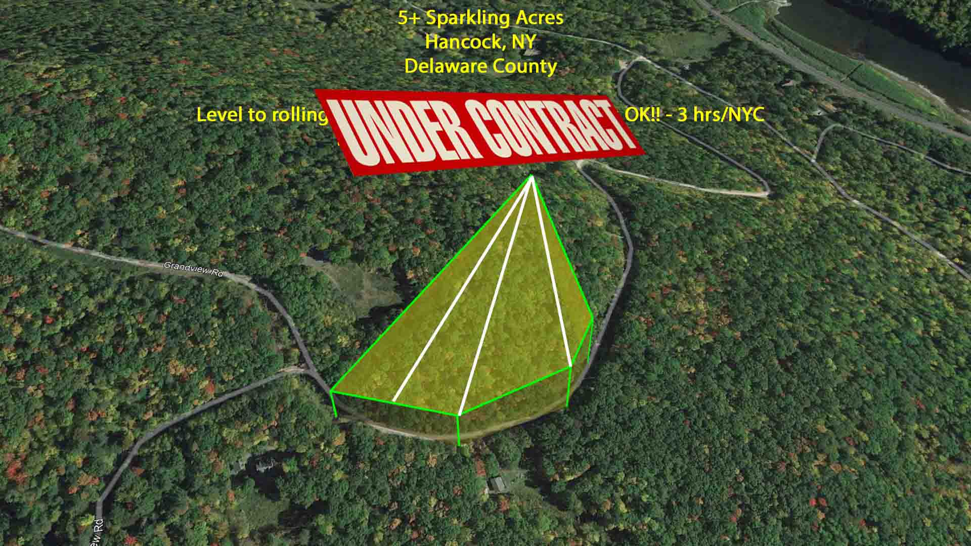 “DIAMOND HEAD” Sparkling 5+ Acres Hancock, NY – Pri. Rd. – Mostly level/wooded – Electric – Mt views – RVs OK! – Deeded rights to Delaware River- 3 hr/NYC – Only $24,900!
